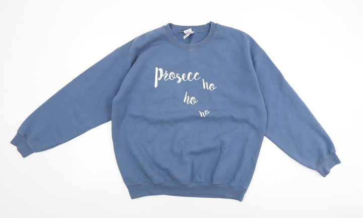 Gildan Womens Blue Cotton Pullover Sweatshirt Size L Pullover - Prosecco Ho Ho Ho, Christmas Jumper