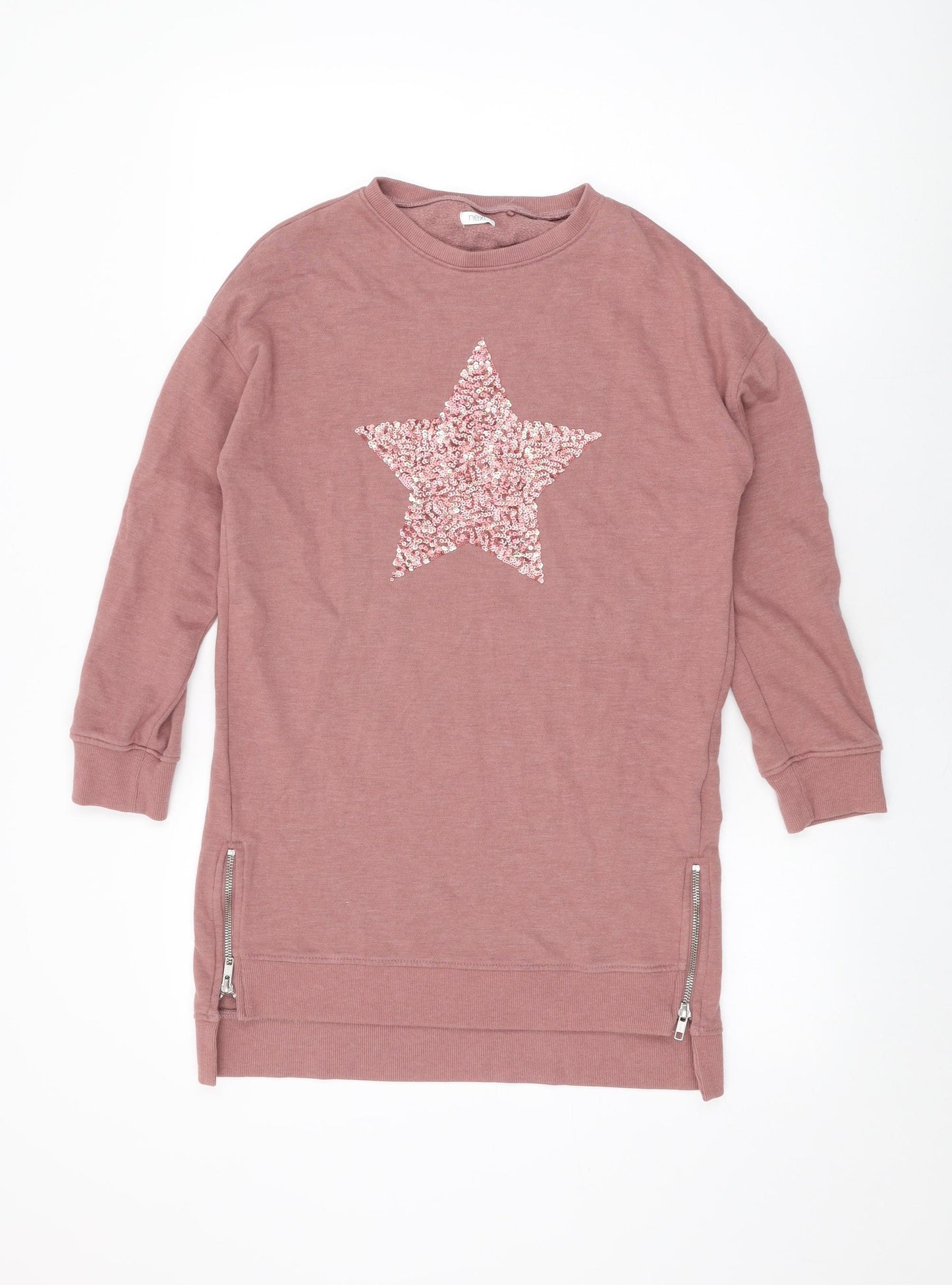 NEXT Girls Pink Geometric Cotton Jumper Dress Size 11 Years Round Neck Zip - Sequin Star