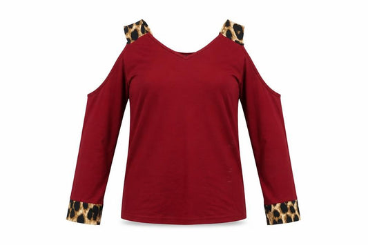 Front view of Yoins women’s red animal print polyester basic t-shirt, size UK 8, v-neck -, size UK 8/10