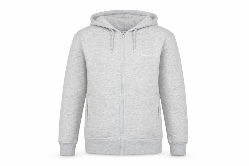 Front view of LA Gear women’s grey polyester full zip hoodie, size UK 10, zip