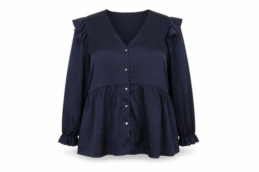 Front view of Very women’s blue polyester basic button-up, size UK 18, v-neck
