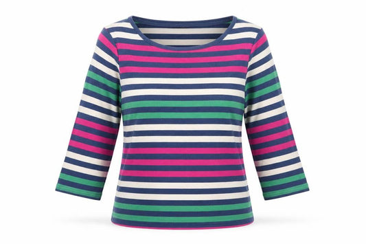 Front view of Bonmarché women’s multicoloured striped cotton basic t-shirt, size M, round neck
