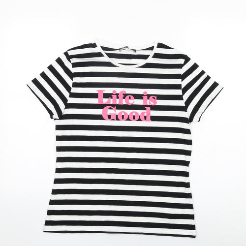 Marks and Spencer Womens White Striped Cotton Basic T-Shirt Size 14 Round Neck - Life is Good