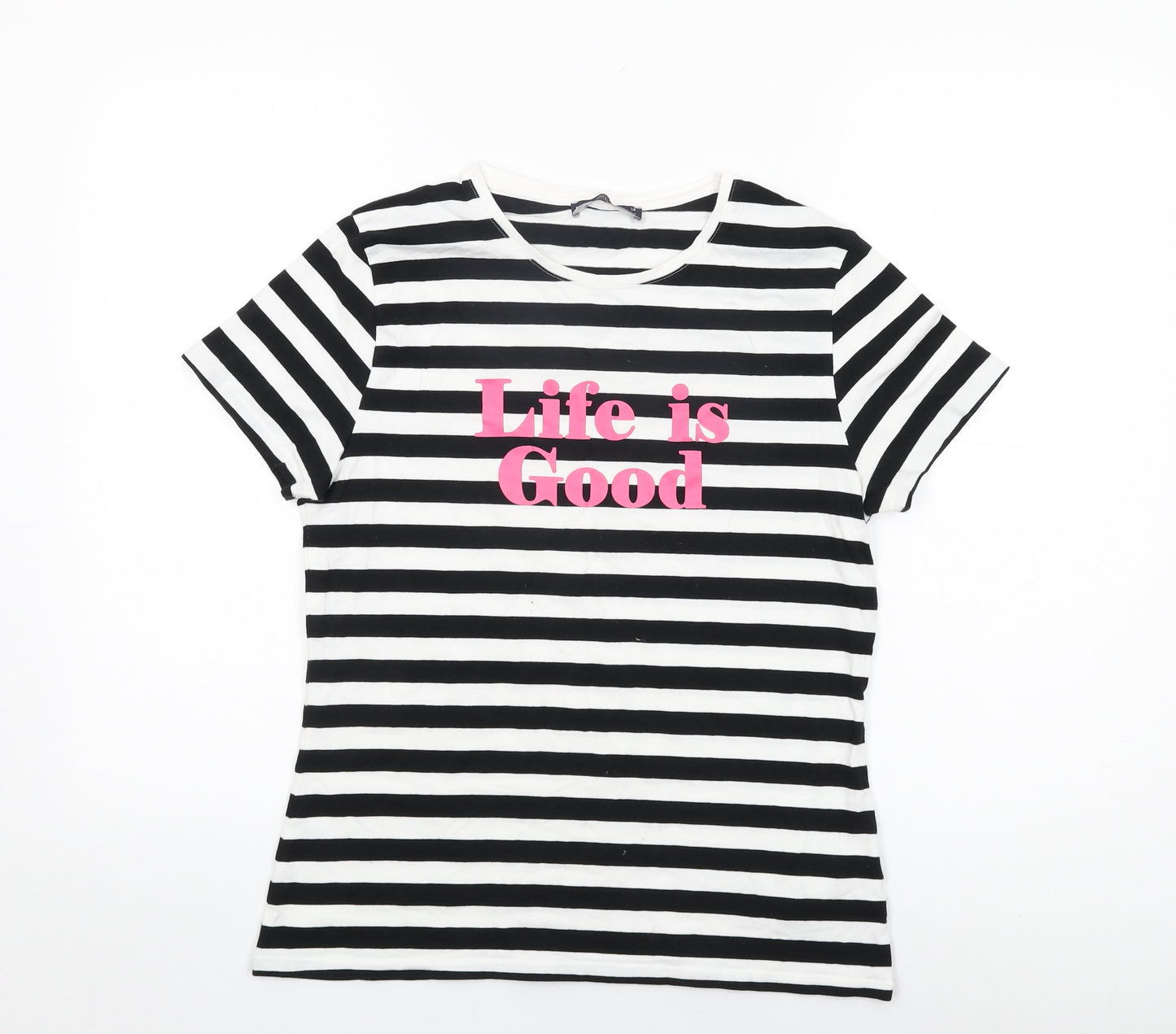 Marks and Spencer Womens White Striped Cotton Basic T-Shirt Size 14 Round Neck - Life is Good