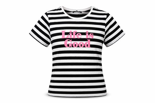 Front view of Marks & Spencer women’s white striped cotton basic t-shirt, size UK 14, round neck - life is good