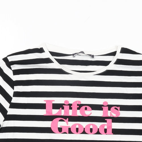Marks and Spencer Womens White Striped Cotton Basic T-Shirt Size 14 Round Neck - Life is Good