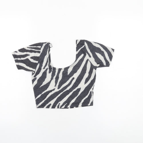 River Island Womens Black Animal Print Polyester Cropped T-Shirt Size 6 Round Neck