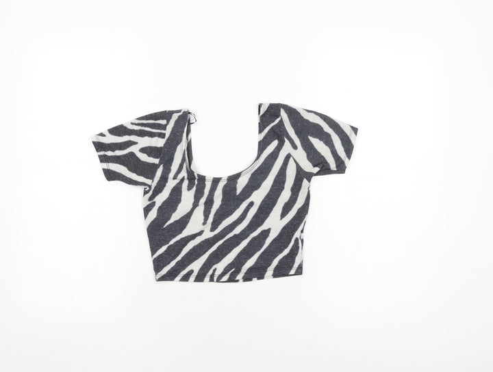 River Island Womens Black Animal Print Polyester Cropped T-Shirt Size 6 Round Neck