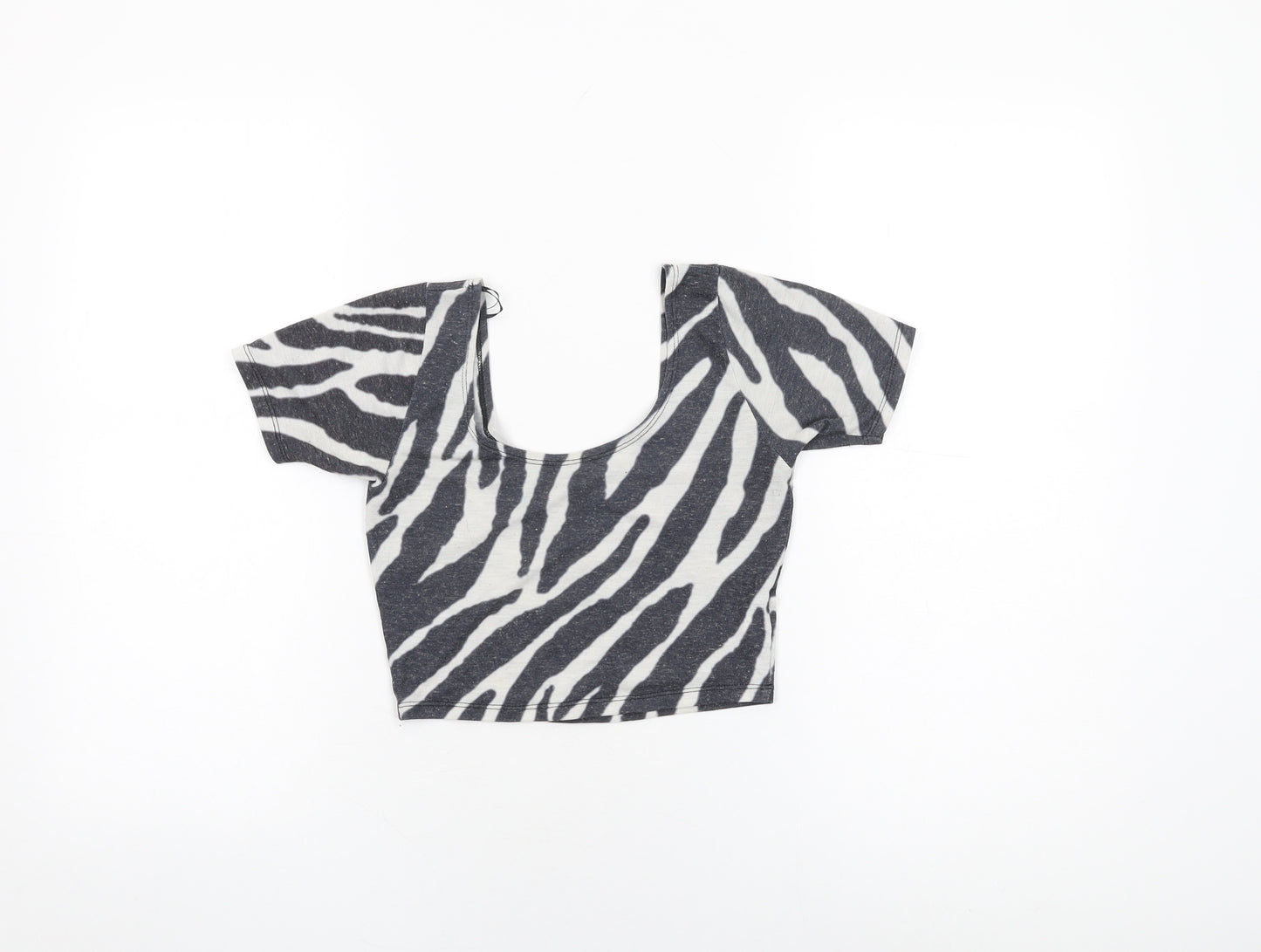 River Island Womens Black Animal Print Polyester Cropped T-Shirt Size 6 Round Neck