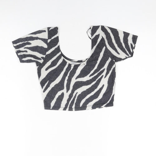 River Island Womens Black Animal Print Polyester Cropped T-Shirt Size 6 Round Neck