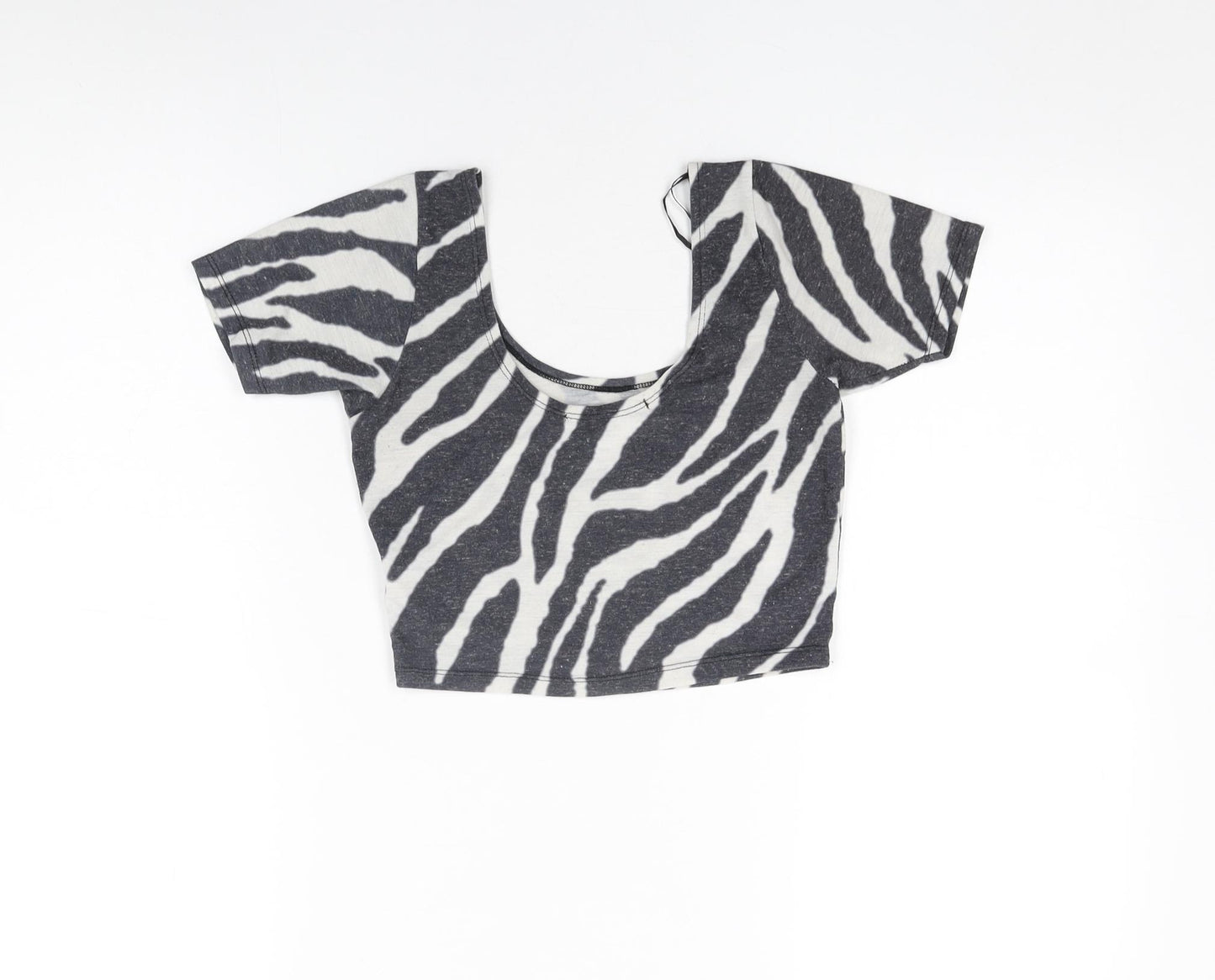River Island Womens Black Animal Print Polyester Cropped T-Shirt Size 6 Round Neck