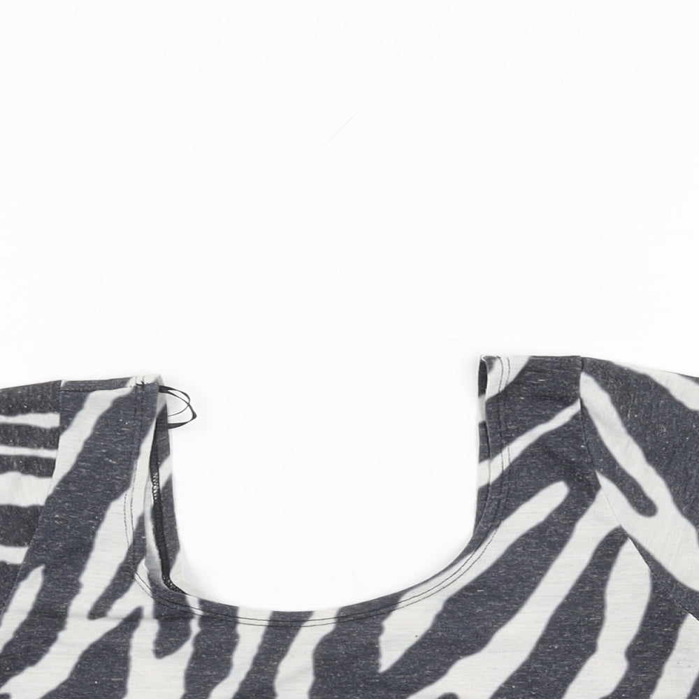 River Island Womens Black Animal Print Polyester Cropped T-Shirt Size 6 Round Neck