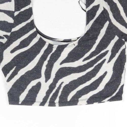 River Island Womens Black Animal Print Polyester Cropped T-Shirt Size 6 Round Neck