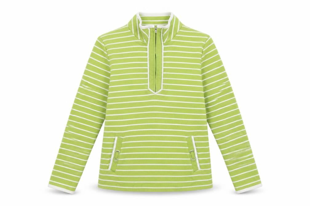 Front view of Bonmarché women’s green striped polyester pullover sweatshirt, size S, zip