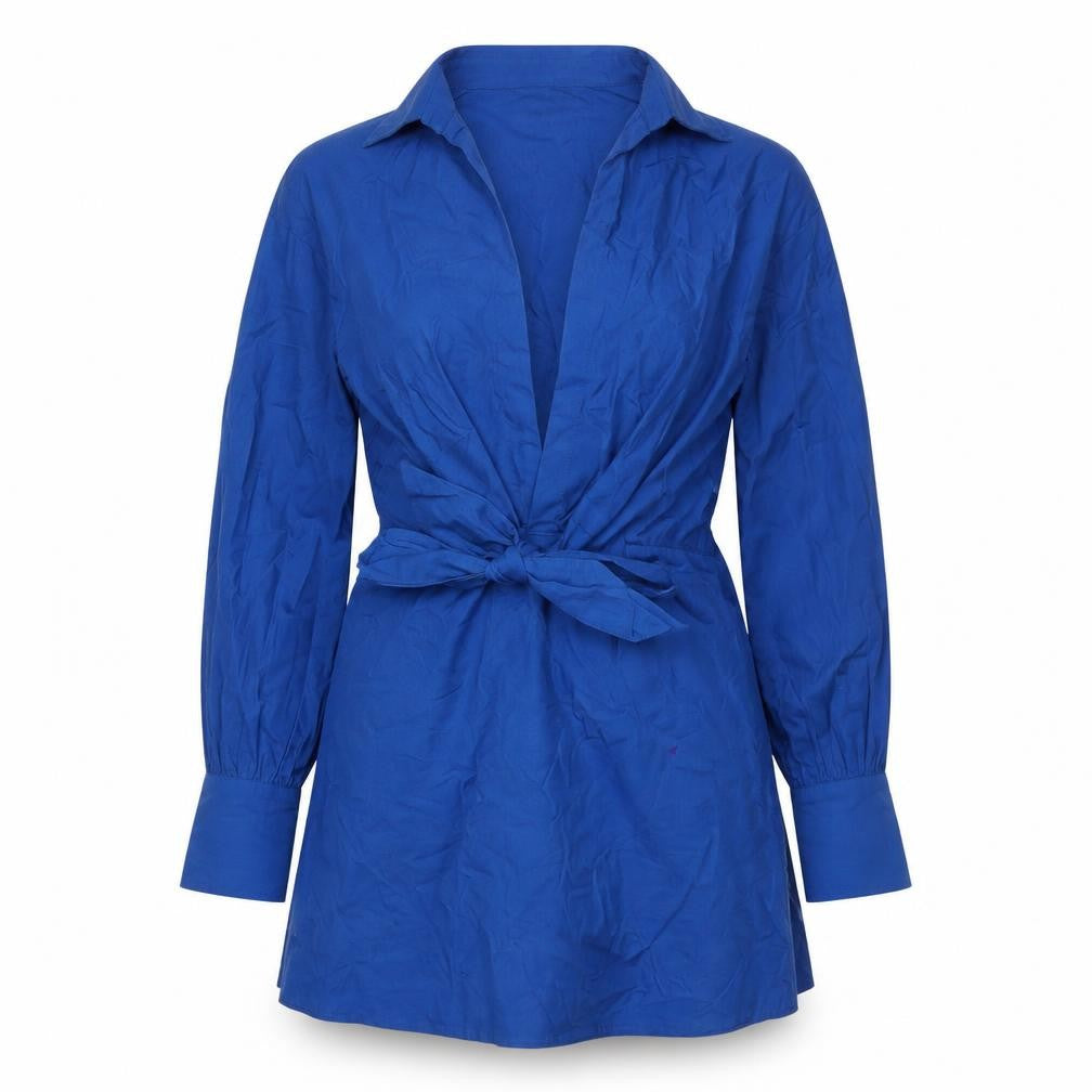 Front view of River Island women’s blue cotton a-line, size UK 12, v-neck zip