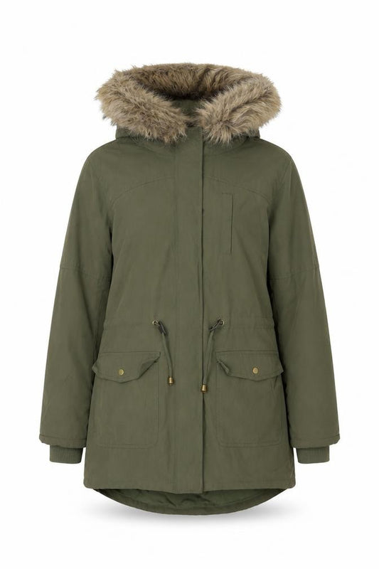 Front view of Oasis women’s green parka jacket, size M, zip