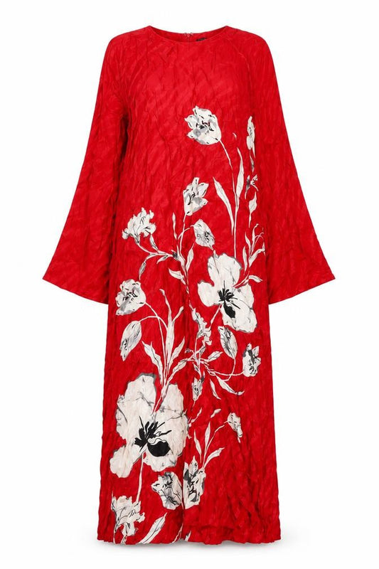 Front view of Iconic women’s red floral viscose maxi, size UK 10, round neck zip