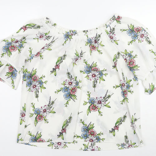 Signature Studio Womens White Floral Patent Leather Basic Blouse Size L Off the Shoulder