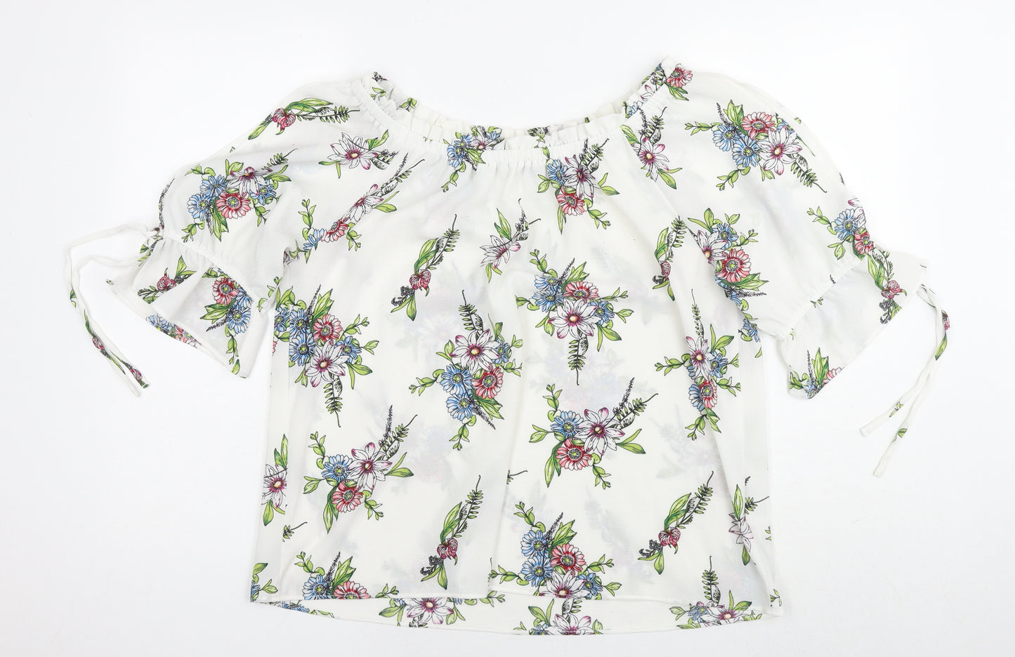Signature Studio Womens White Floral Patent Leather Basic Blouse Size L Off the Shoulder