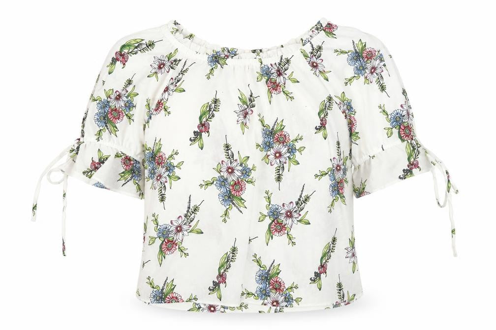 Front view of Signature Studio women’s white floral patent leather basic blouse, size L, off the shoulder
