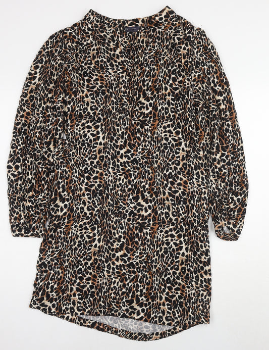 Marks and Spencer Womens Brown Animal Print Viscose Shirt Dress Size 8 V-Neck Button - Leopard Print