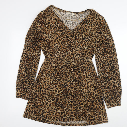 Pull&Bear Womens Brown Animal Print Polyester Fit & Flare Size M V-Neck Pullover