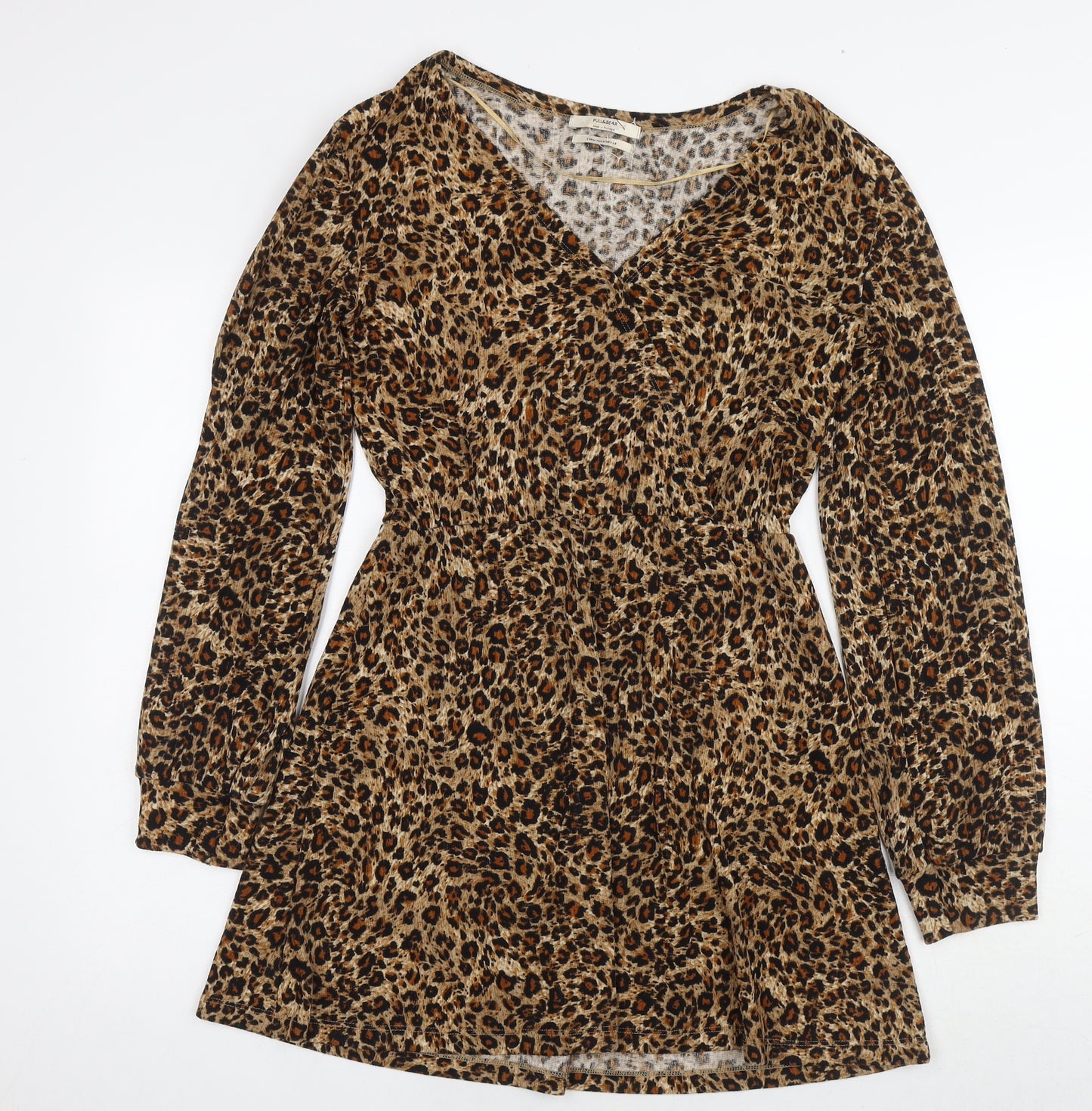 Pull&Bear Womens Brown Animal Print Polyester Fit & Flare Size M V-Neck Pullover