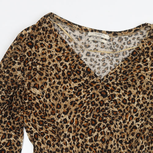 Pull&Bear Womens Brown Animal Print Polyester Fit & Flare Size M V-Neck Pullover