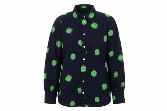 Front view of Marks & Spencer women’s blue geometric polyester basic button-up, size UK 8, collared