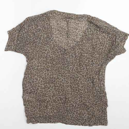 Wrap London Womens Brown Animal Print Viscose Basic Blouse Size 10 Round Neck
