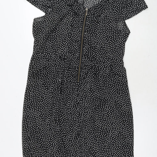 Marks and Spencer Womens Black Polka Dot Polyester A-Line Size 14 V-Neck Zip