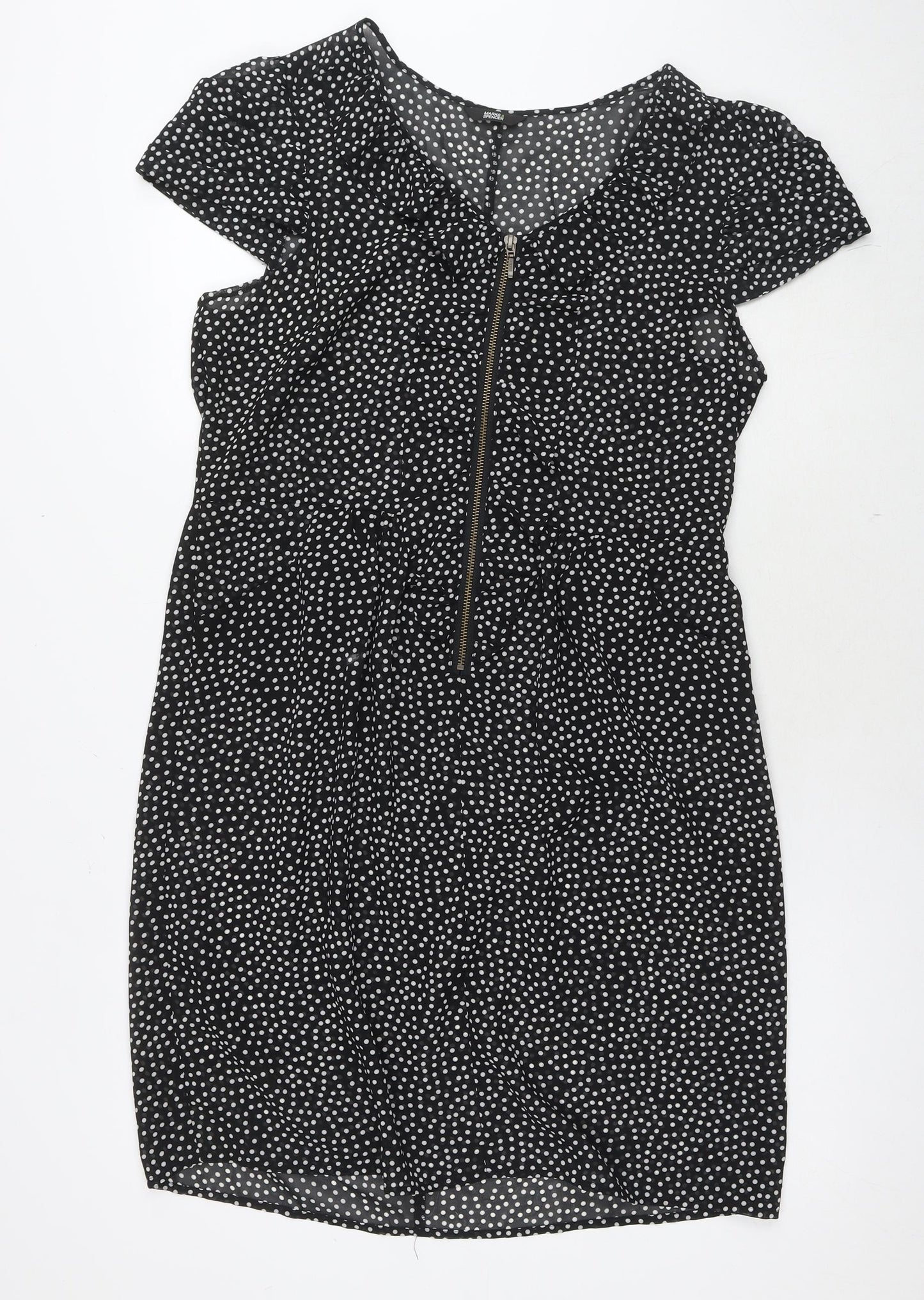 Marks and Spencer Womens Black Polka Dot Polyester A-Line Size 14 V-Neck Zip