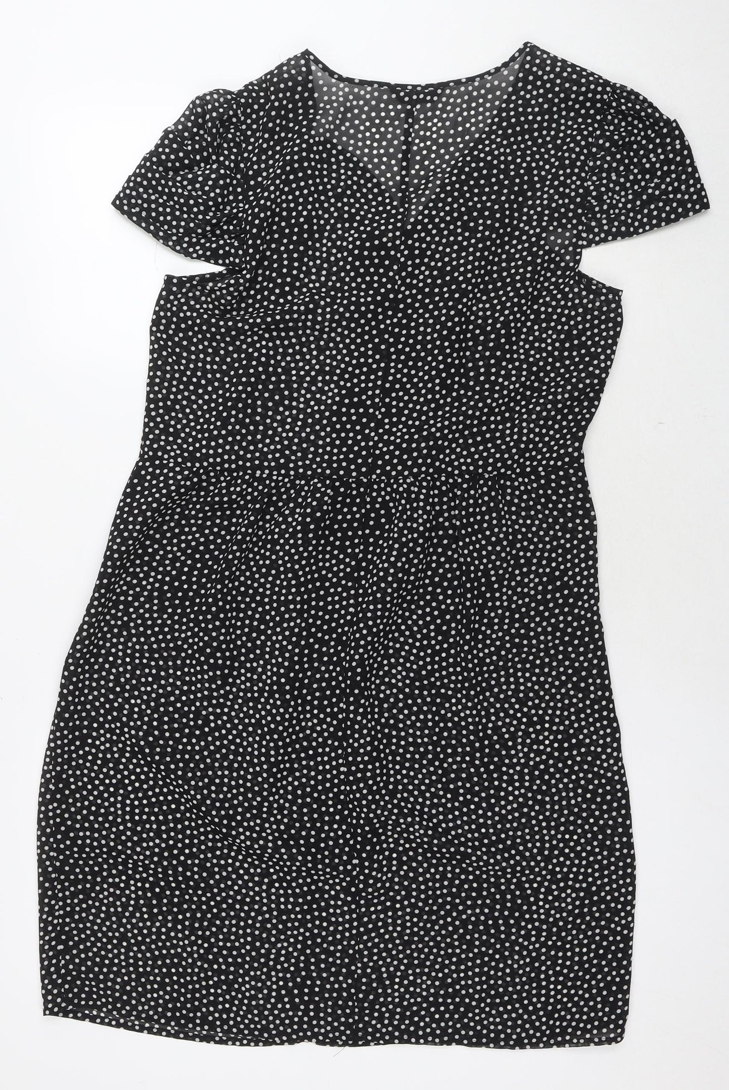 Marks and Spencer Womens Black Polka Dot Polyester A-Line Size 14 V-Neck Zip