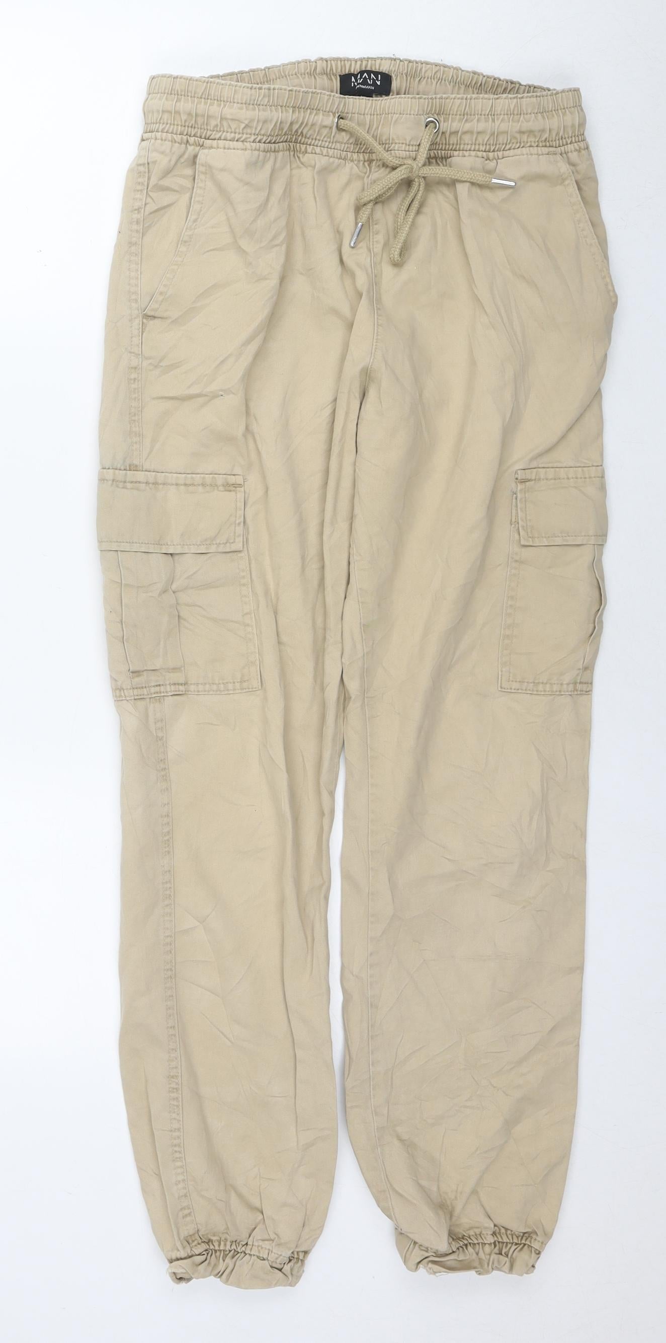 Boohoo Mens Beige Cotton Cargo Trousers Size M L26 in Regular Drawstring