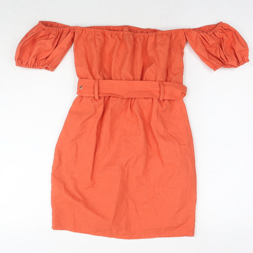 PRETTYLITTLETHING Womens Orange Linen Mini Size 8 Off the Shoulder Pullover - Cold Shoulder