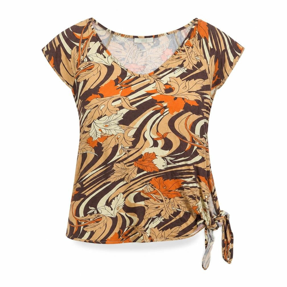 Front view of Marks & Spencer women’s brown geometric viscose basic blouse, size UK 16, v-neck