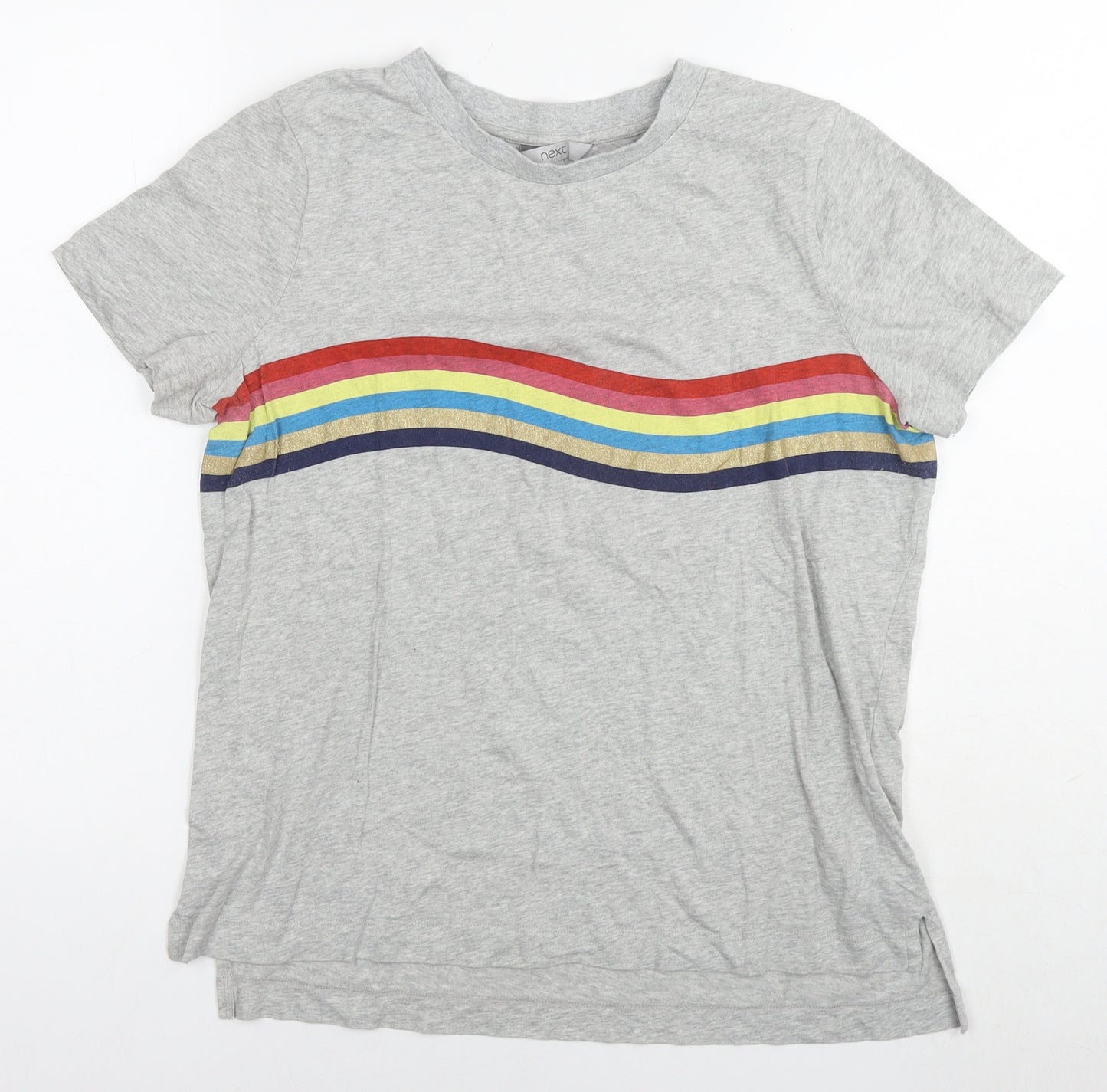 NEXT Womens Grey Cotton Basic T-Shirt Size 12 Round Neck - Rainbow