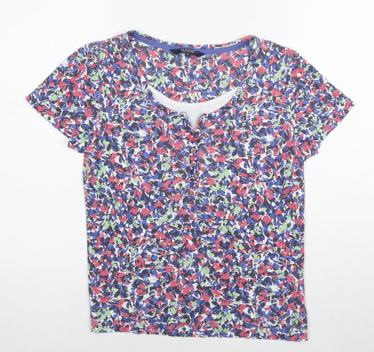 Maine Womens Multicoloured Floral Cotton Basic T-Shirt Size 12 Round Neck
