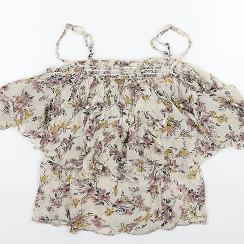 Miss Selfridge Womens Beige Floral Viscose Basic Blouse Size 8 Off the Shoulder - Beaded Detail Cold Shoulder