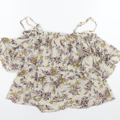 Miss Selfridge Womens Beige Floral Viscose Basic Blouse Size 8 Off the Shoulder - Beaded Detail Cold Shoulder