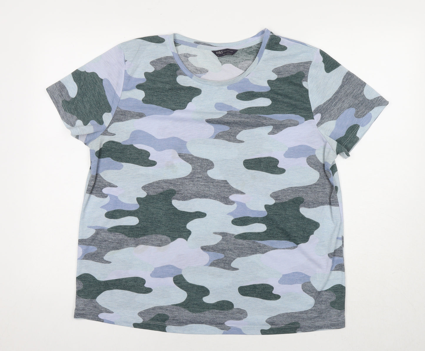 Marks and Spencer Womens Blue Camouflage Polyester Basic T-Shirt Size 16 Round Neck