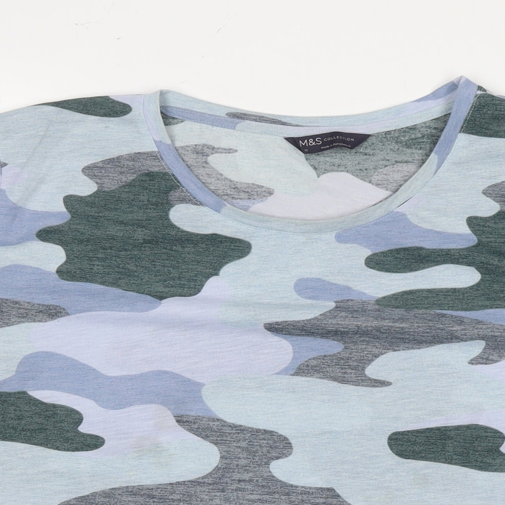 Marks and Spencer Womens Blue Camouflage Polyester Basic T-Shirt Size 16 Round Neck
