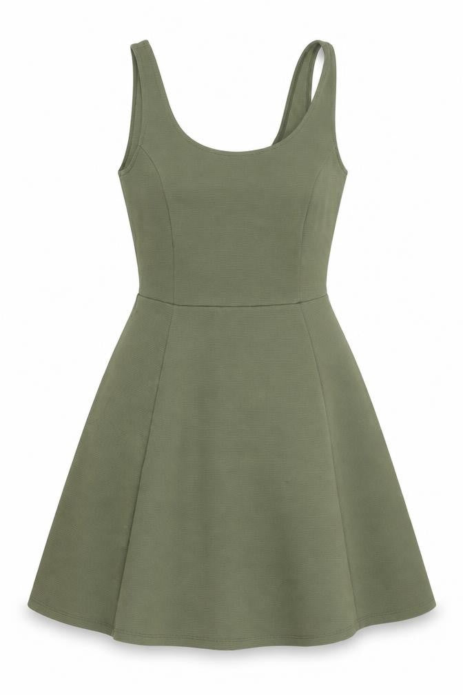Front view of Divided by H&M women’s green polyester fit & flare, size UK 8, scoop neck pullover - ribbed