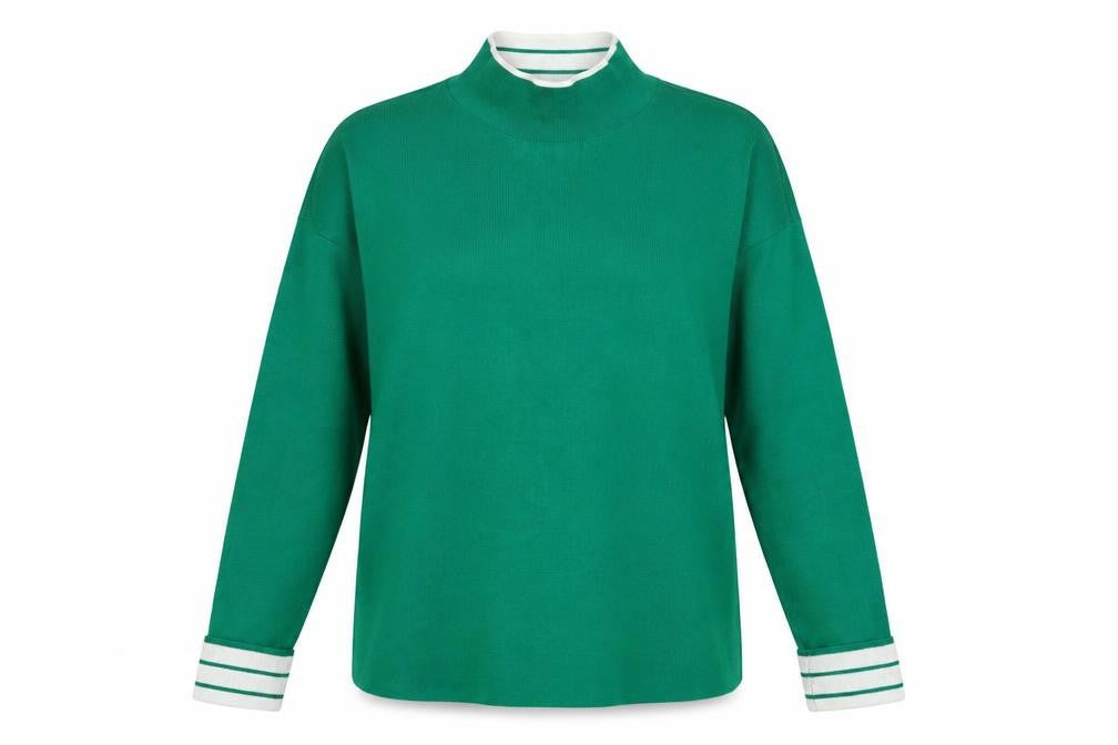 Front view of Lands' End women’s green mock neck cotton jumper, size S