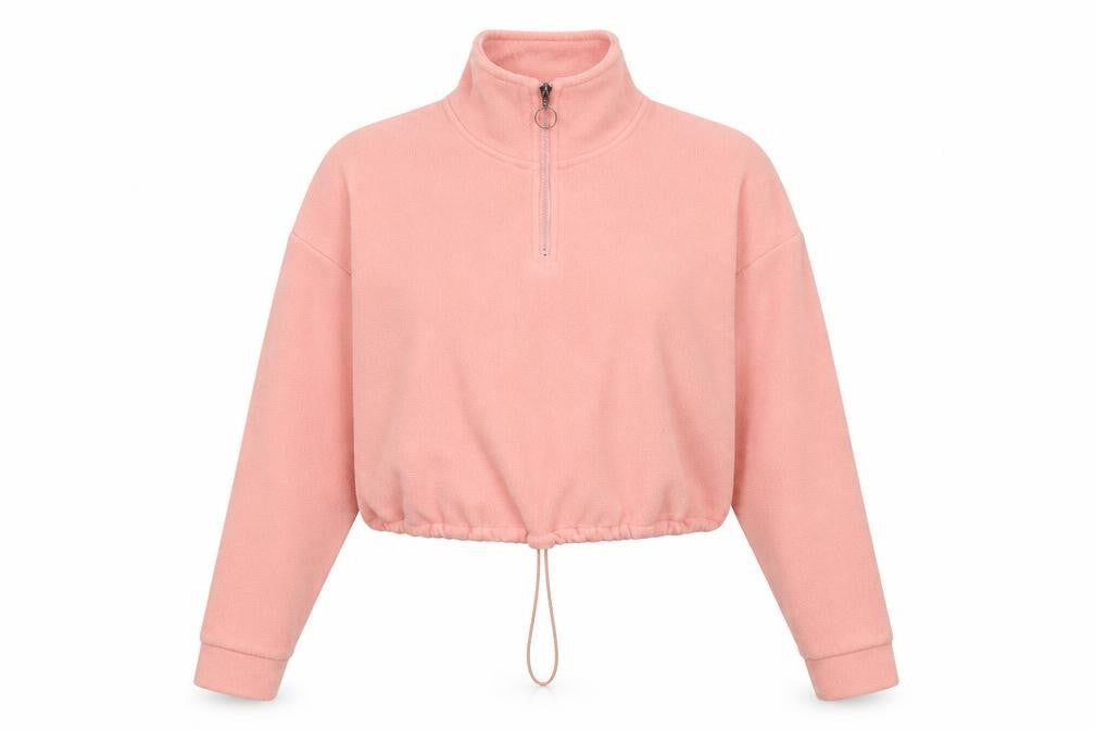 Front view of Brave Soul women’s pink polyester pullover sweatshirt, size S, zip