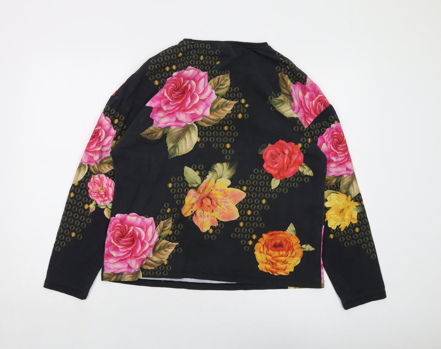 Madeleine Womens Black Floral Cotton Basic T-Shirt Size 16 Round Neck