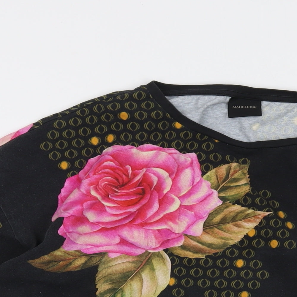 Madeleine Womens Black Floral Cotton Basic T-Shirt Size 16 Round Neck