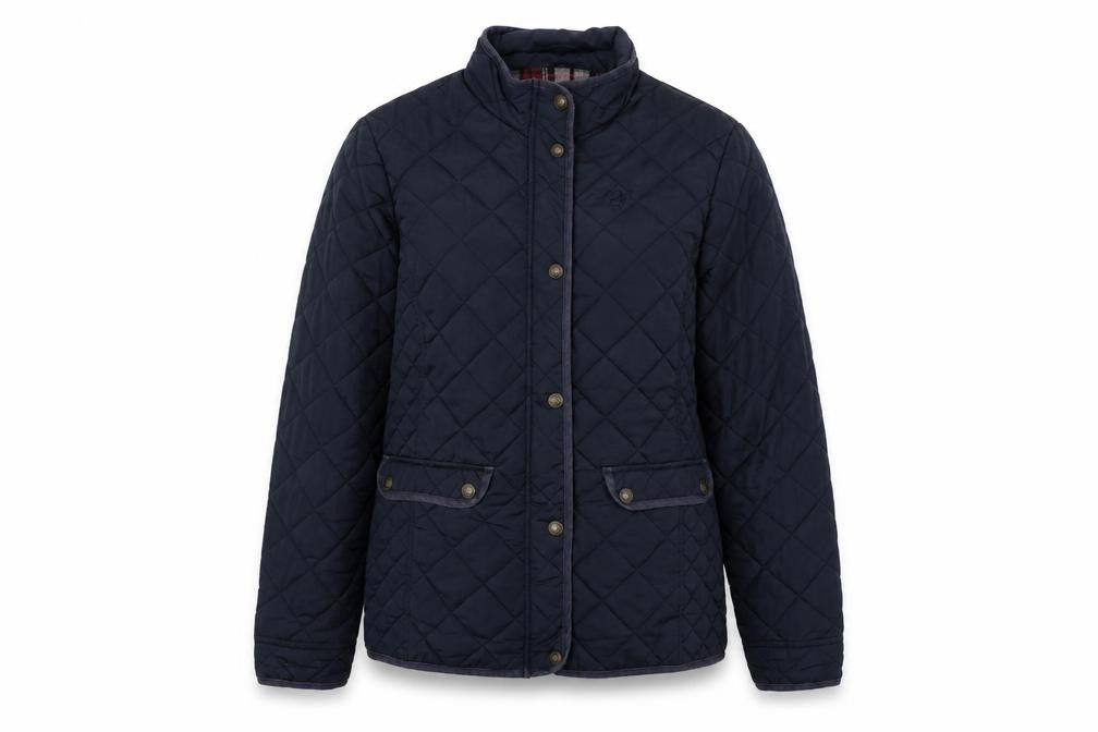 Front view of Brakeburn women’s blue quilted jacket, size UK 14, zip