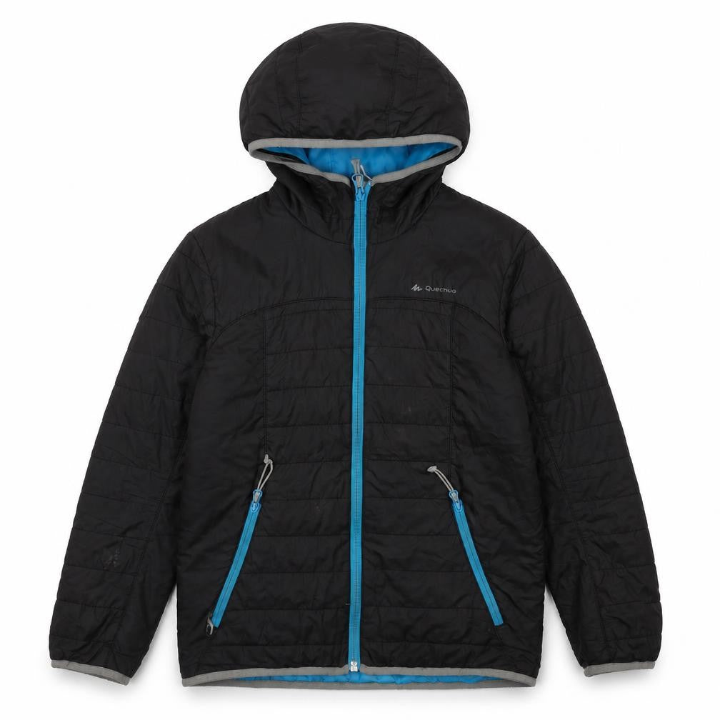 Front view of Quechua boys’ black puffer jacket jacket, size 10, years zip