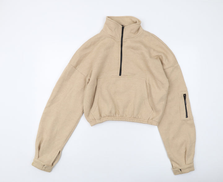 PRETTYLITTLETHING Womens Beige Polyester Pullover Sweatshirt Size S Zip